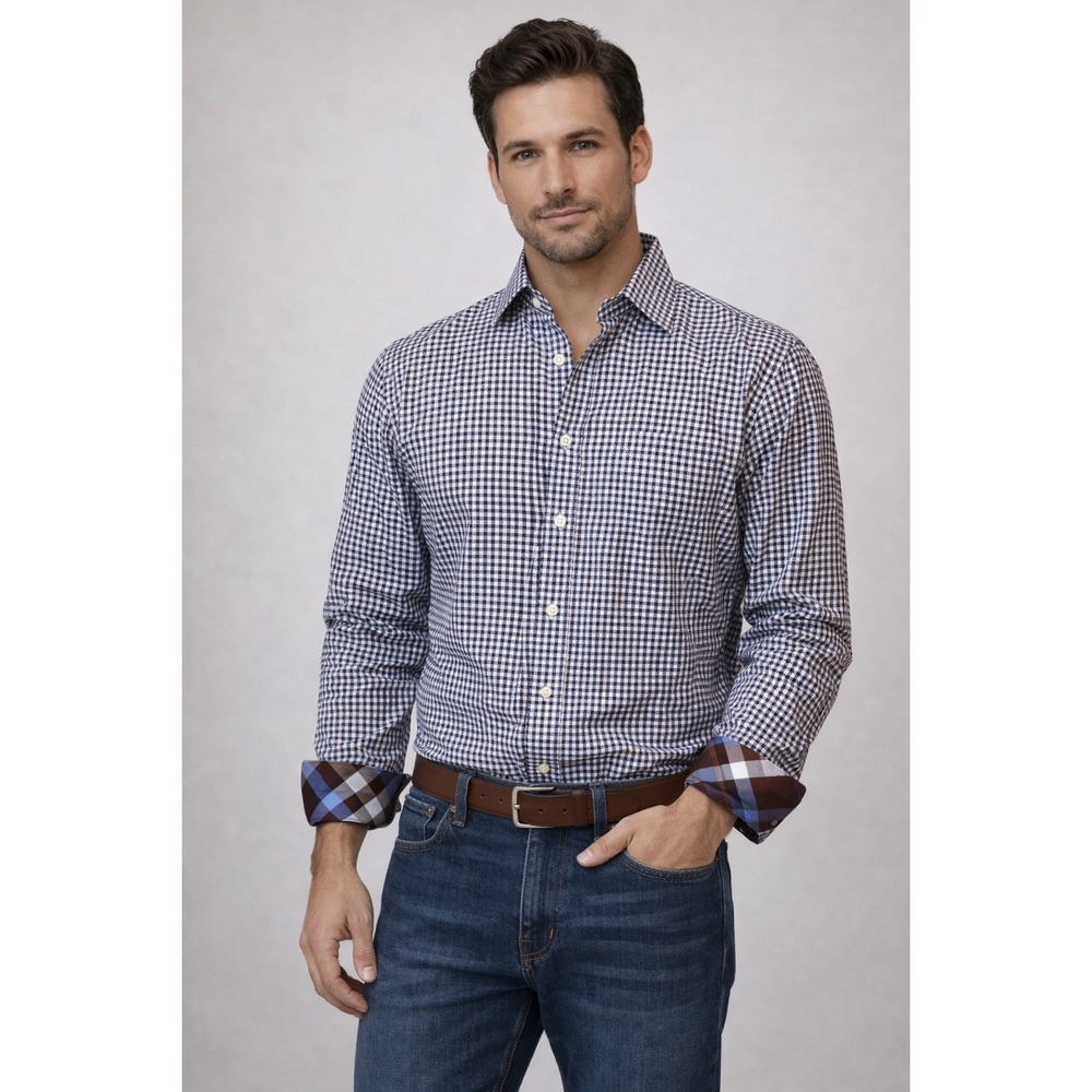 Thomas‎ Dean Men's Gingham Button Down Shirt Long Sleeve Cas Dress Blue Brown L